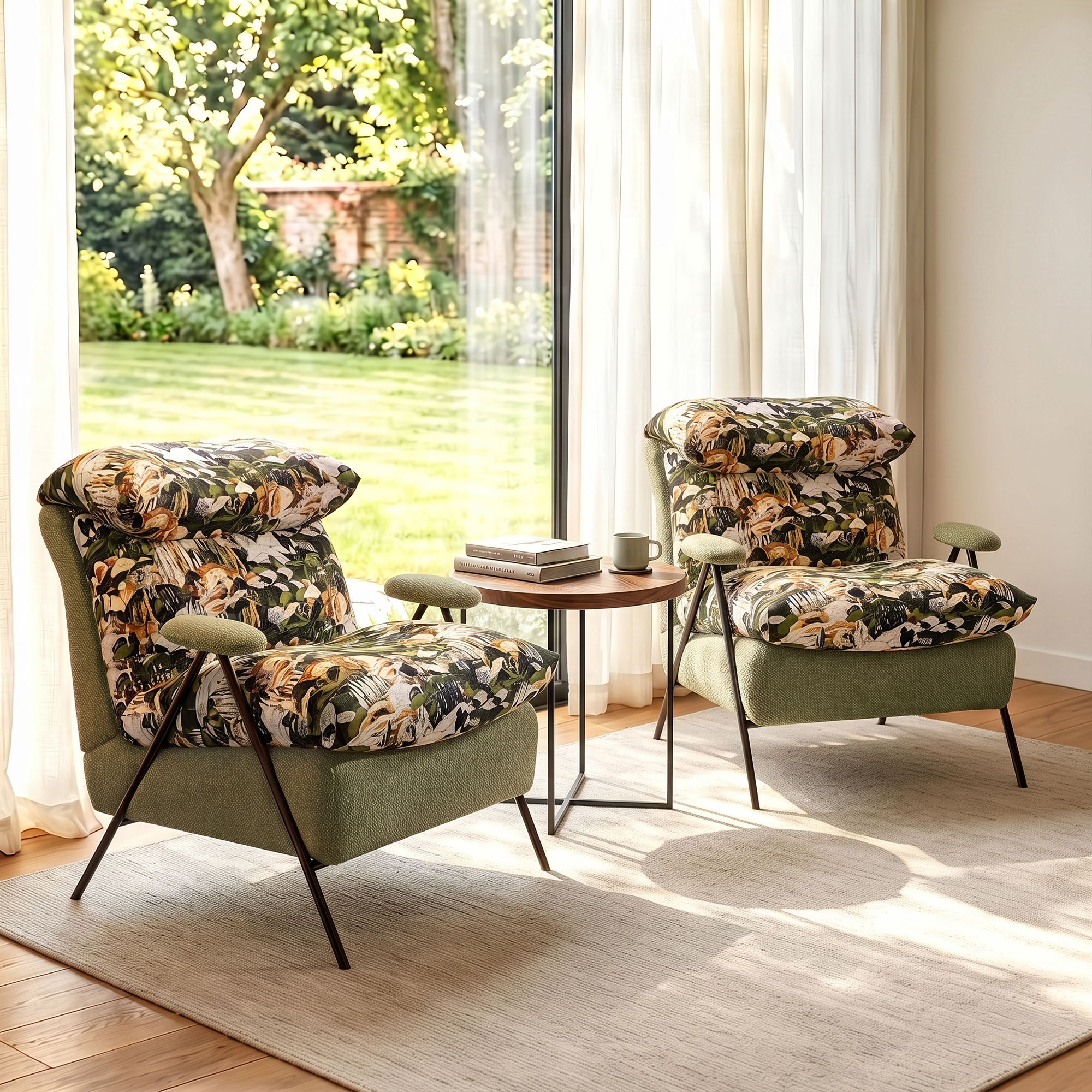 Aukfa Olive Green Floral Accent Chair, Modern Upholstered Armchair with Thick Padded Seat and Back for Living Room & Bedroom
