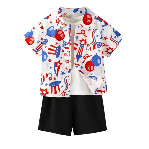 Utoimkio Toddler Unisex American Flag Summer Outfits Short Sleeve Button Down Shirt Tops and Shorts Set 4th of July Summer Clothes