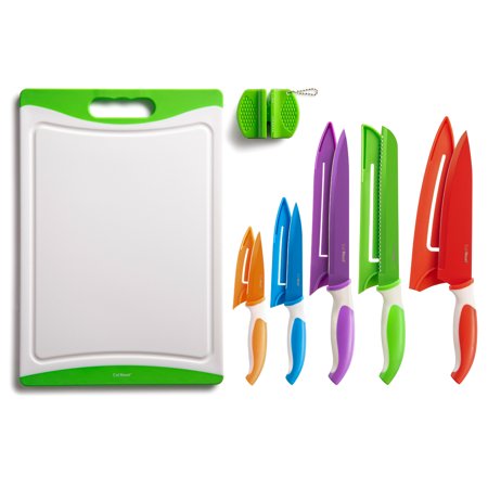 EatNeat 12-PC Color Knife Set  5 SS Knives w/Sheaths  Cutting Board & Sharpener