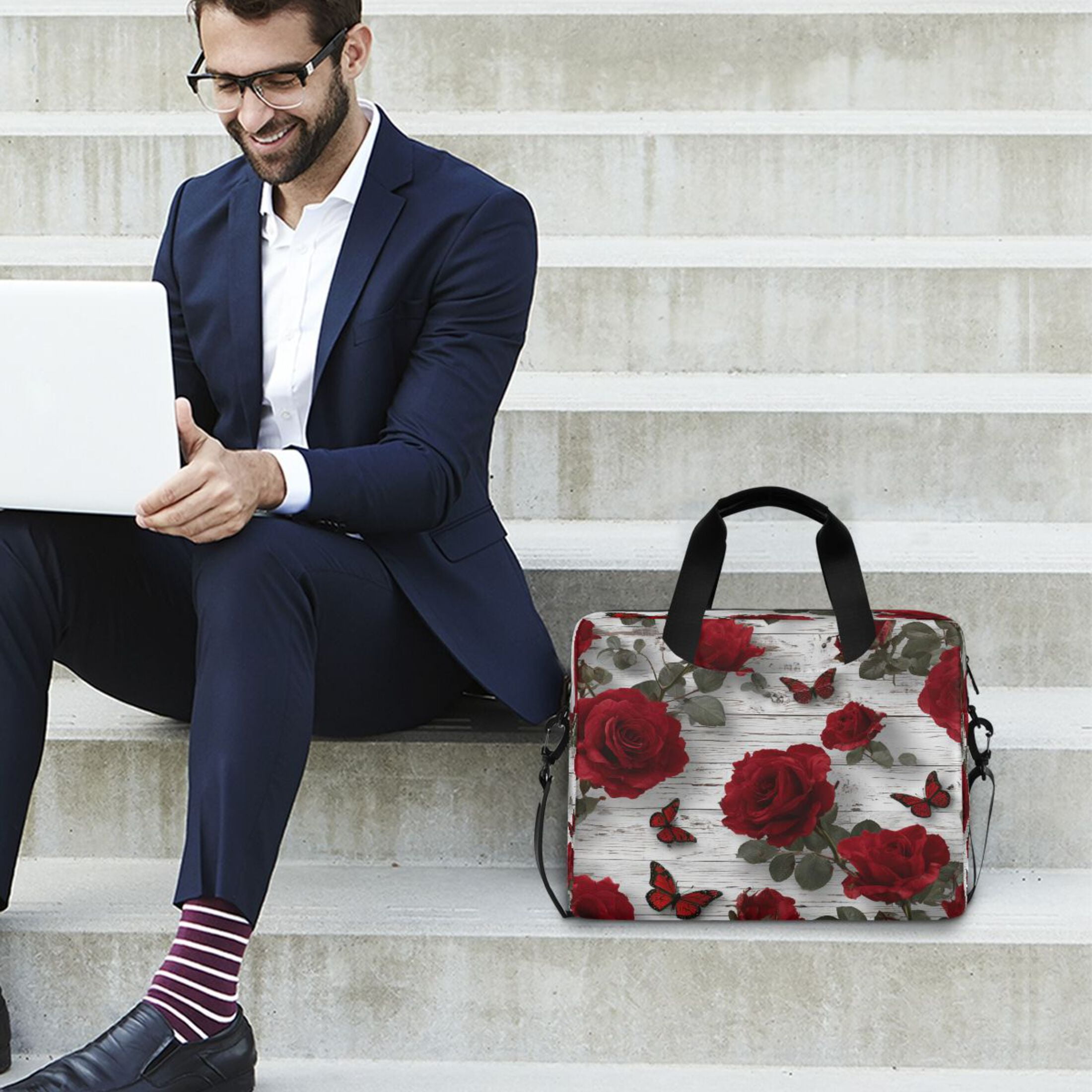16" Laptop Tote Bag Laptop Sleeve Case Computer Briefcase for Work & Travel Roses and Butterflies Pattern