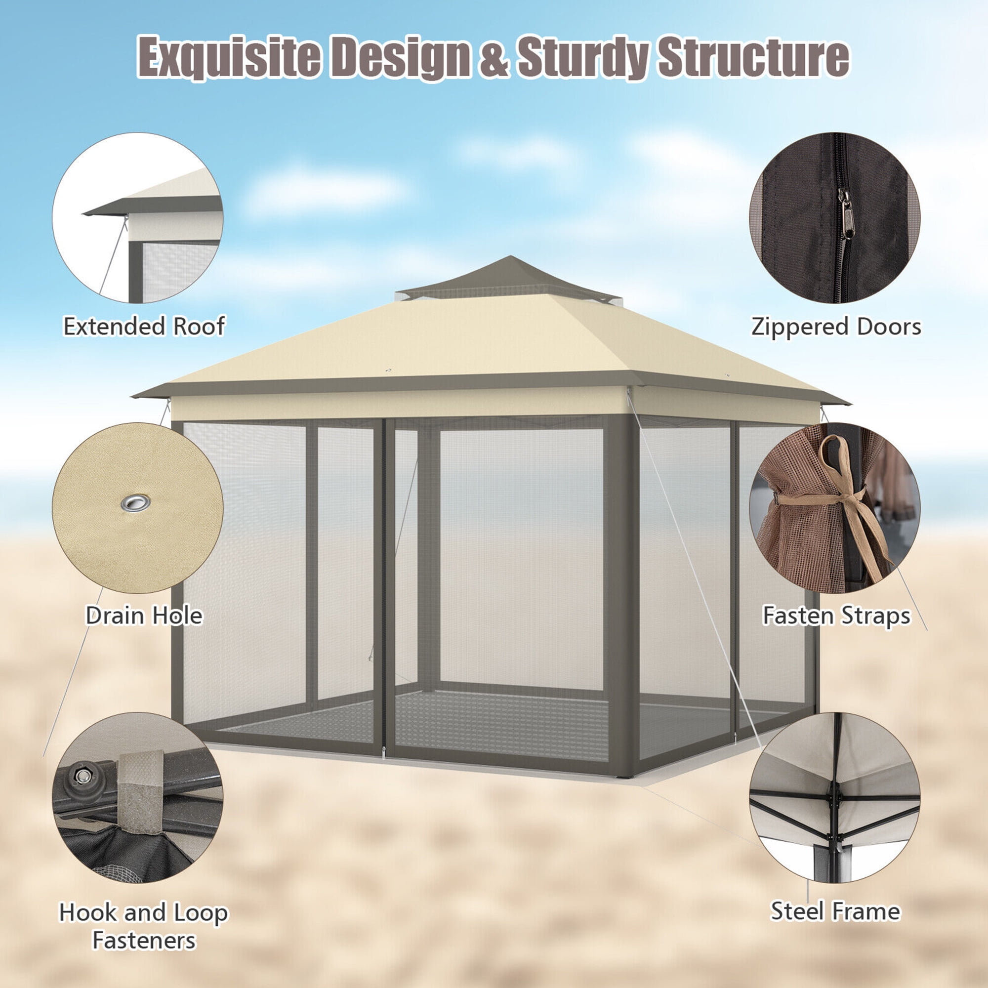 Gymax 11 x 11 ft Pop up Gazebo 2-Tier Patio Canopy Tent Shelter w/ Carrying Bag Brown