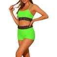 thumbnail image 4 of Conjuntos de bikini de color contrastante para mujer de 2 piezas, traje de baño de cintura alta con escote redondo, verde medio, 4 of 5