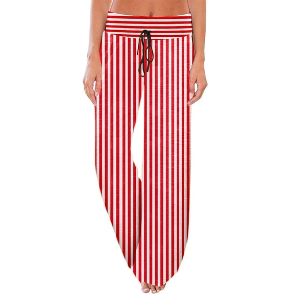 Bibifish Womens Pants Trendy Popcorn Red White Stripe Casual Trousers Loose Fit Wide Leg Casual Trendy Daily Elastic Waist Trousers