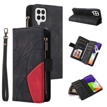 Phone Cover for Samsung Galaxy A22 4G (Not 5G), Shockproof Purse 2 Color Assorted 9 Card Slots with Zipper Storage Handbag Case for Samsung Galaxy A22 4G (Not 5G)
