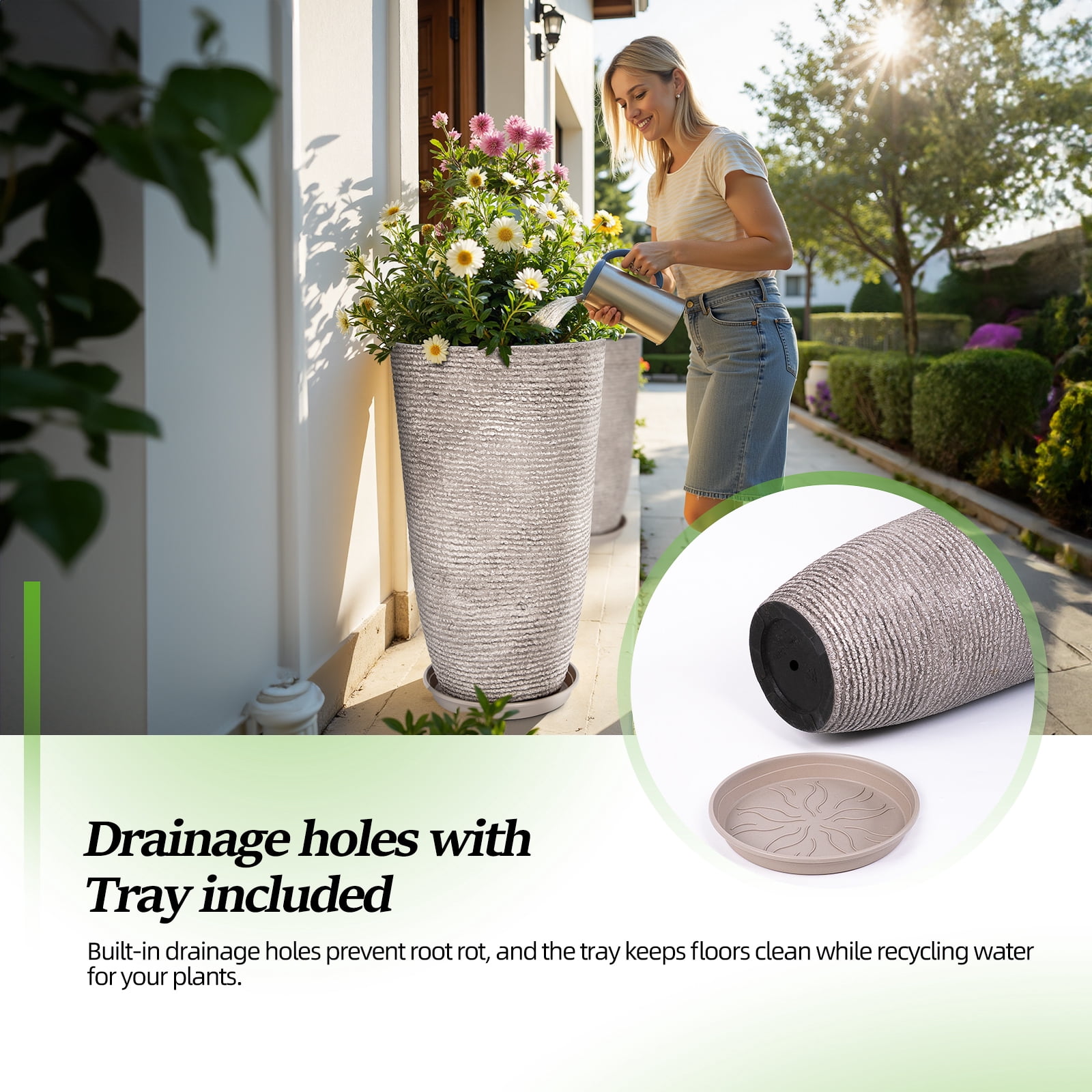 QCQHDU 21 inch Tall Planters with Saucer,2 Pack 9 Gallon Stone Round Pots for Indoor Plants,Outdoor Patio & Porch Decor, Heavy Duty Weatherproof Plant Containers,Gray