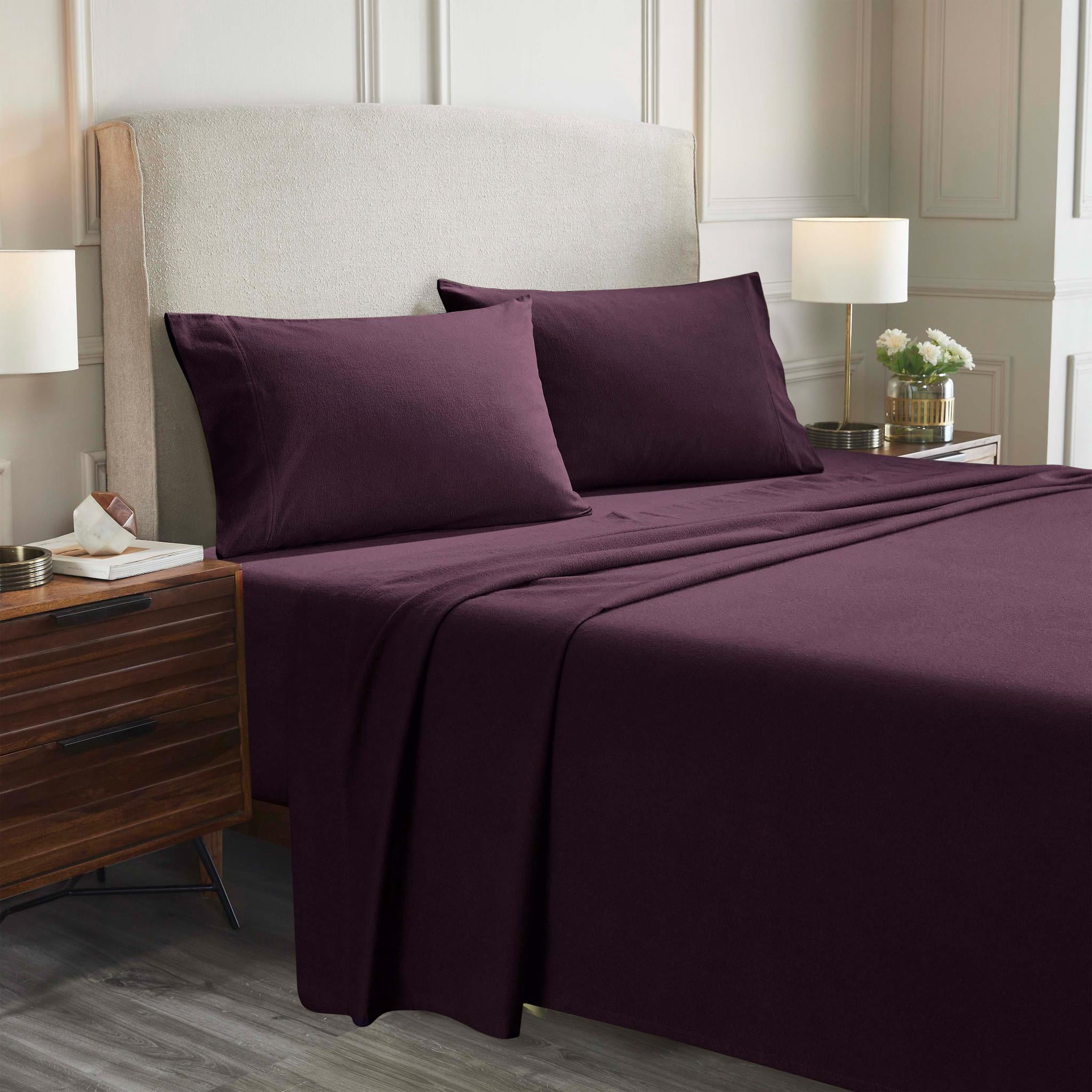 Superior Solid Flannel Cotton Bed Sheet Set , Soft Fitted Sheets, King, Purple