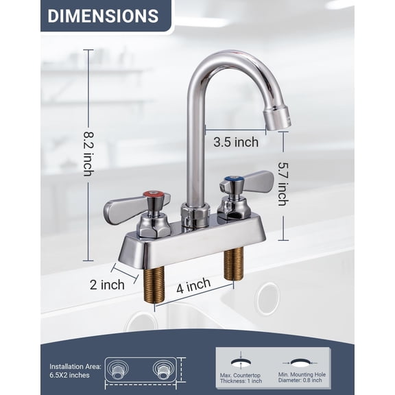 Utility Sink Faucet 4" Deck Mount Brass Commercial Faucet with 3-1/2" Gooseneck Spout, 2 Handles & Ceramic Valve