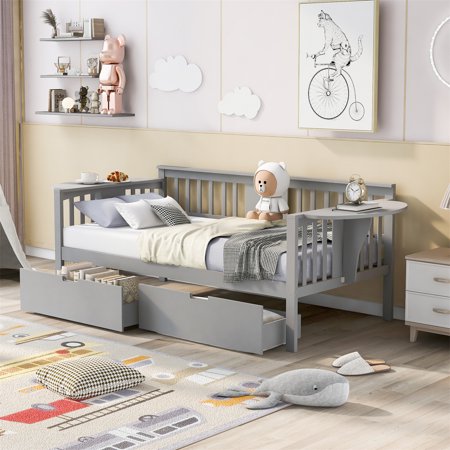 Twin Size Daybed with Two Drawers  Solid Wood Daybed Frame with 8 Wood Slats Support & Small Tables  Twin Size Daybed Sofa Bed with 3 Sides Rails for Teens Adults  No Box Spring Needed  Gray