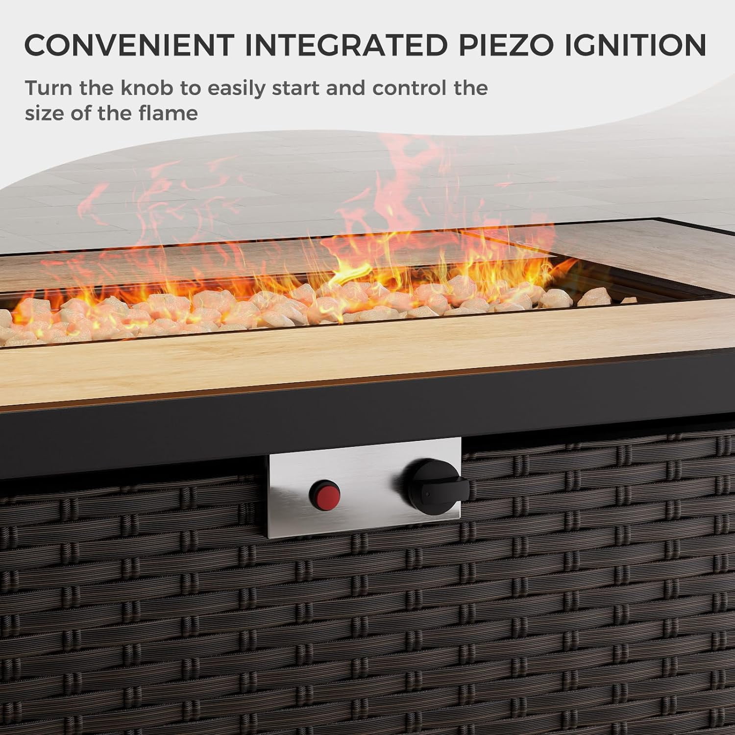 Propane Fire Pit Table with Cover/Lid for Patio, 43 inch 50,000 BTU, All-weather Resin Wicker/Rectangle