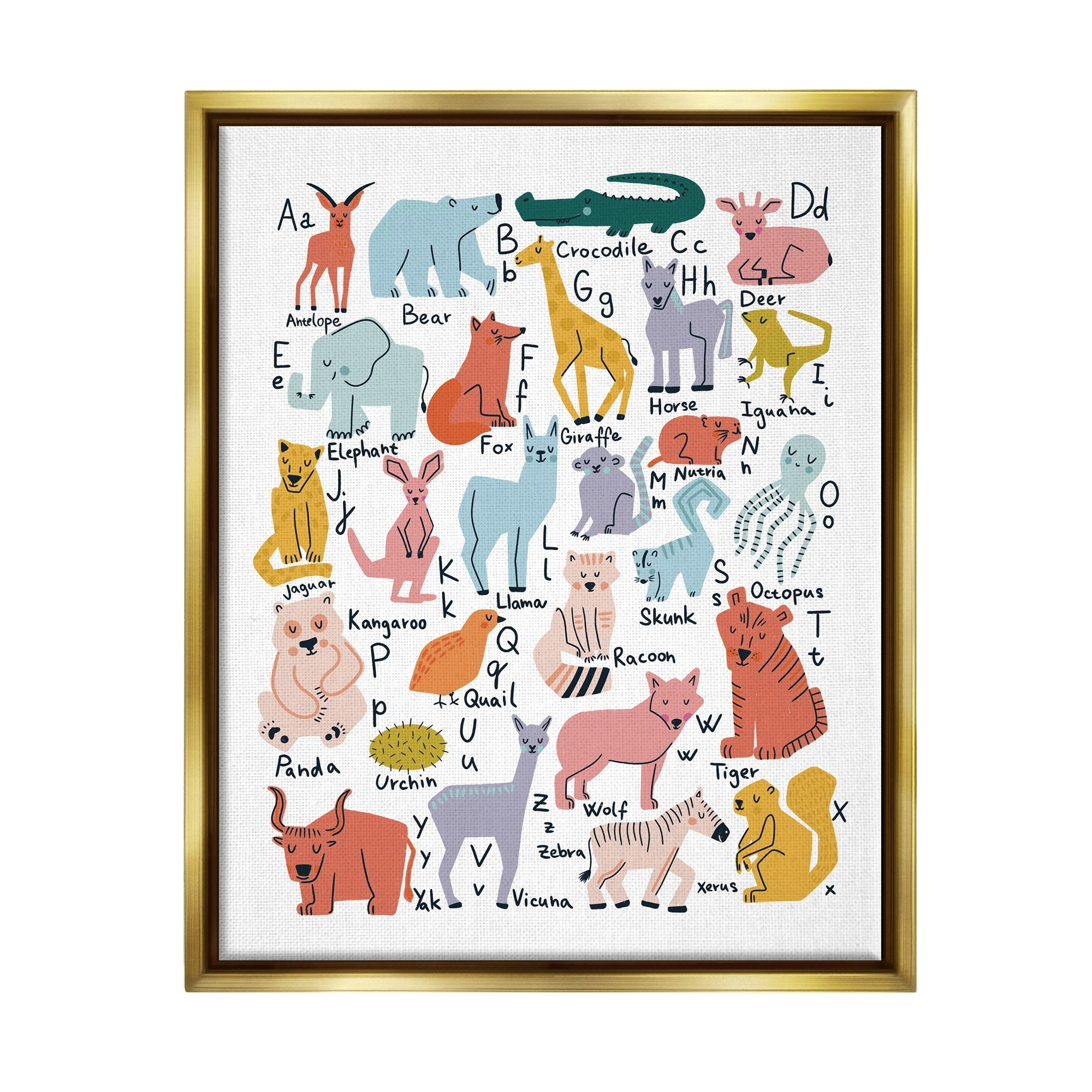Stupell Industries Various Animal Alphabet Chart Educational Nature Wildlife Graphic Art Metallic Gold Floating Framed Canvas Print Wall Art, Design by Dominika Godette