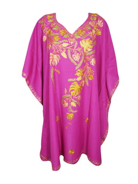 Mogul Womens Pink Floral Caftan Dress Beautiful Short Cotton Caftan One Size