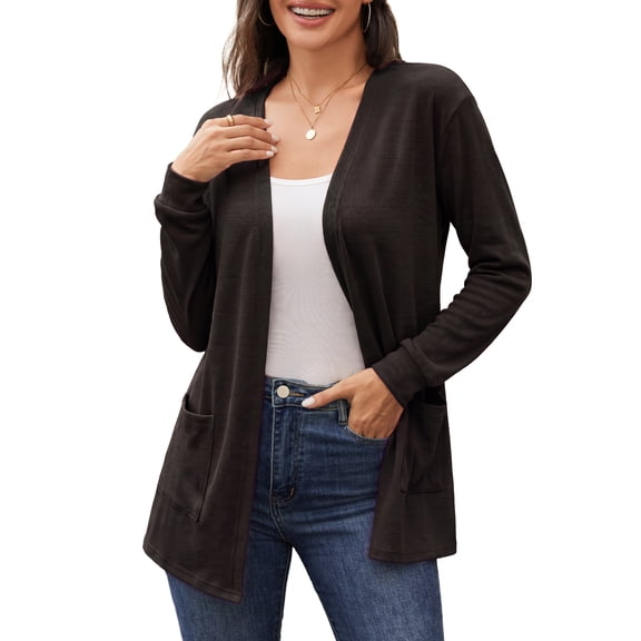 Fancyglim Women's Lightweight Open Front Cardigan Sweater Casual Long Sleeve Knit Outerwear with Pockets, Black XL