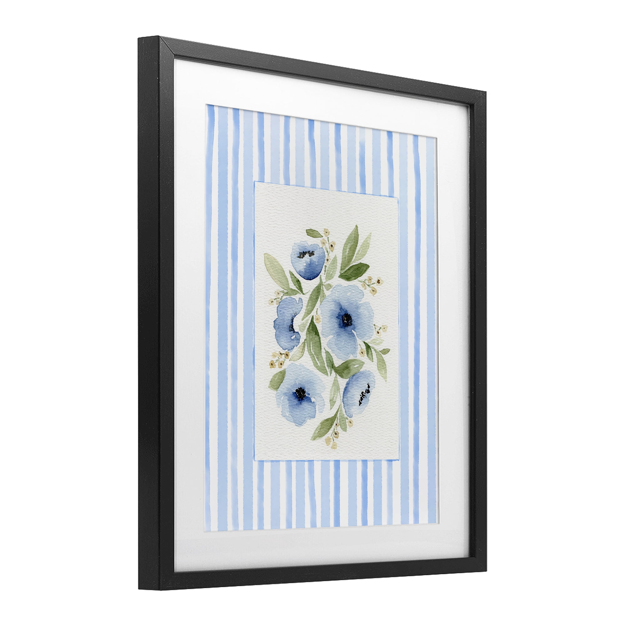 Stupell Industries Flowers With Stripe Border Black Framed Print Under Glass, design by Leah Noel Art