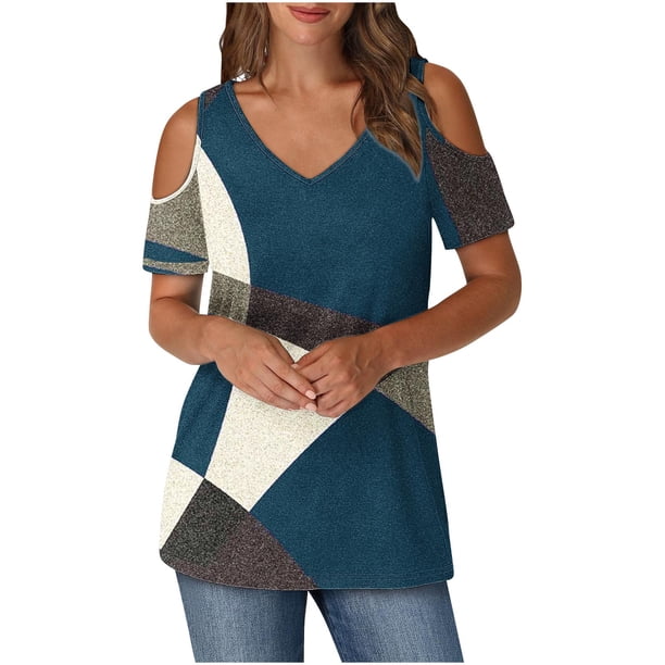 Tops de Algodón para las Mujeres Color Bloqueado Impreso Manga Corta Cuello en V Fuera Del Hombro, Top de Moda para Diario
