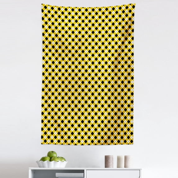 Geometric Tapestry, Argyle Pattern with Rhombuses and Dotted Lines Grid Plaid Design, Fabric Wall Hanging Decor for Bedroom Living Room Dorm, 5 Sizes, Yellow Black and White, by Ambesonne