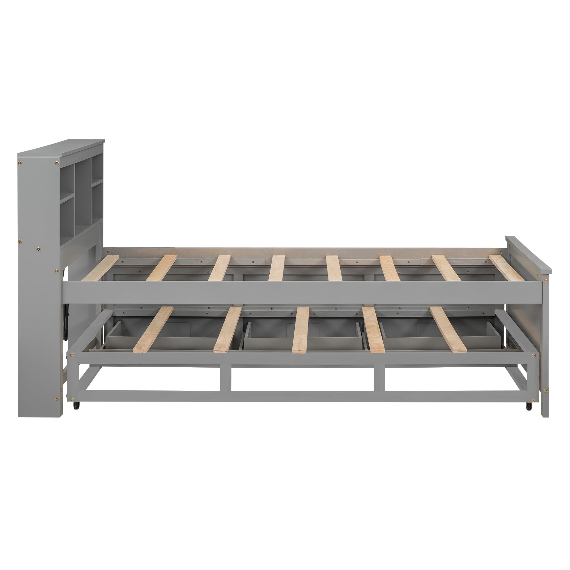 Euroco Wood Twin Size Platform Bed with Storage Trundle Bed and Drawers, USB Charging and Shleves, Gray