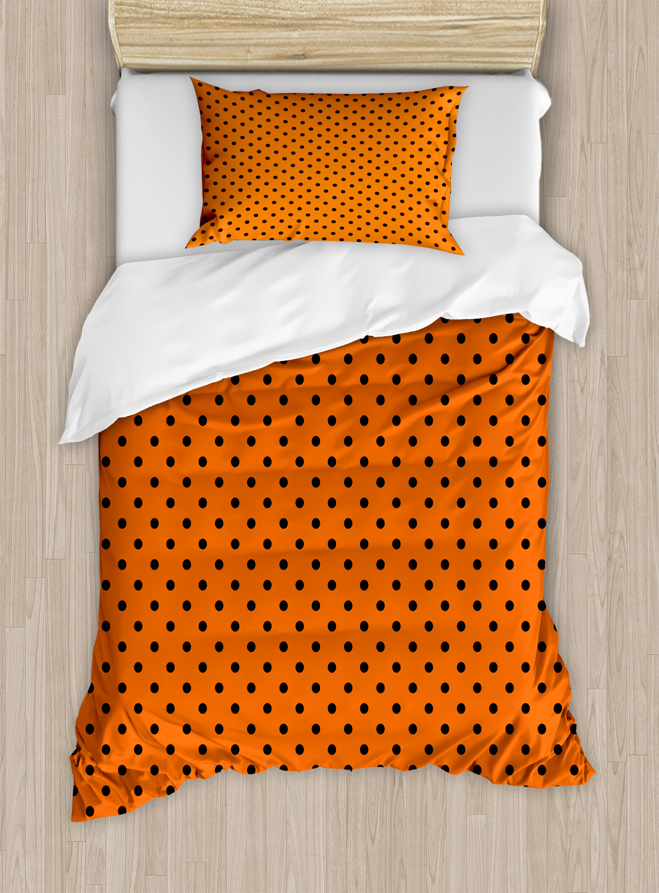 Orange Duvet Cover Set, Vintage Retro Design Little Black Polka Dots with Orange Backdrop