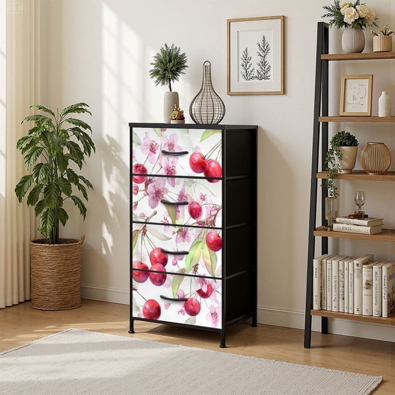 4 Drawer Vertical Storage Dresser Hand watercolor botanical cherry elements with Wood Top Fabric Pull Drawers
