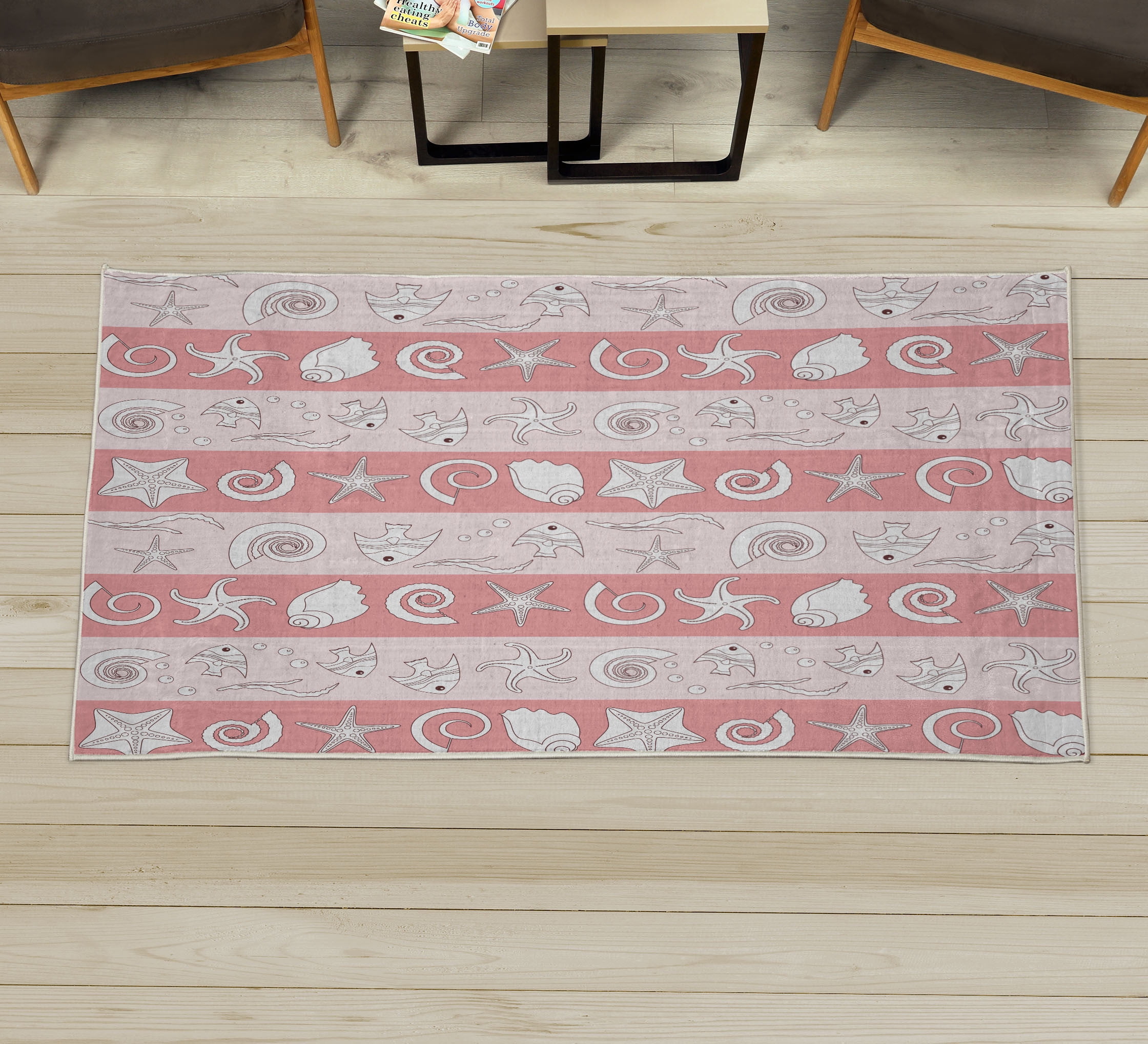 Shell Border Rug Nautical Decorative Rug, Marine Theme Sea Animals Fishes Shells on ...