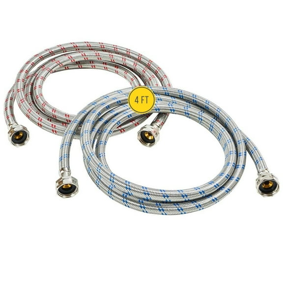 Washing Machine Hoses (4FT) - OCT Connect for Easy & Secure Tightening - Universal Fit to All Wash Machines - (2 Pack) Braided Stainless Steel - Burst Proof Washer Water Supply Line