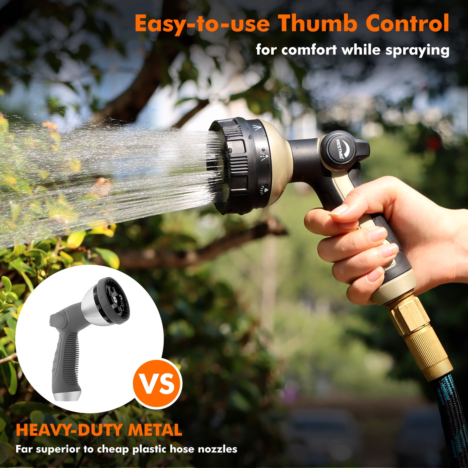 Restmo Full Shower Garden Hose Nozzle, 8 Spray Patterns with Thumb Control, Heavy Duty Nozzle Ideal for Outdoor Lawn &  Plant Watering, Car & Pet