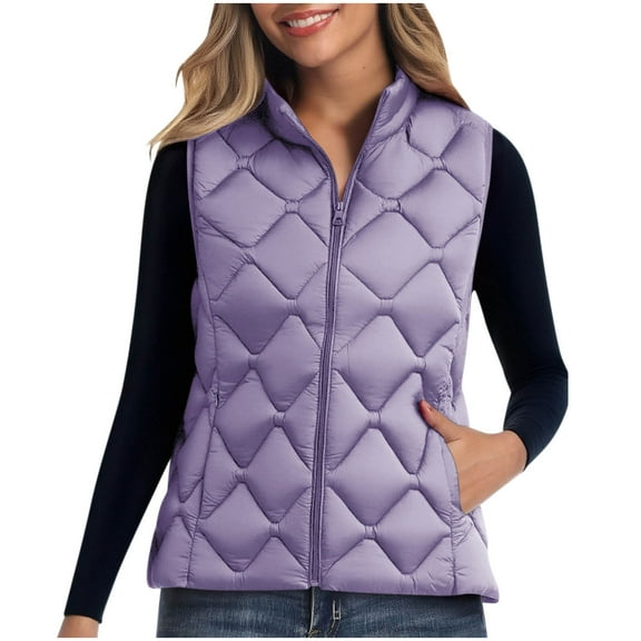HTNBO Puffer Vest Women Fall Quilted Jacket Zip-Up Sleeveless Outwear Vests Lightweight Stand Collar Coats With Pocket
