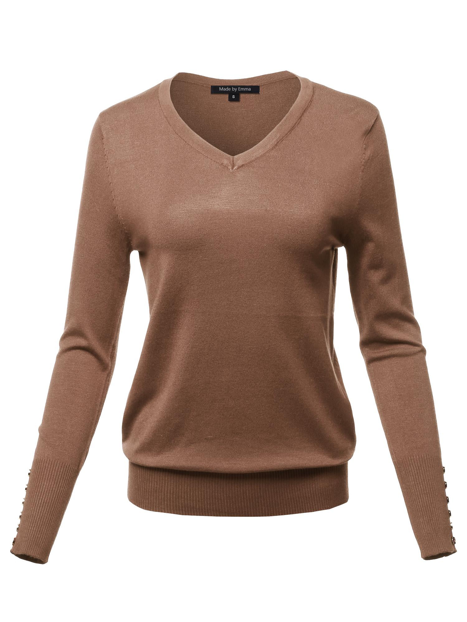 FashionOutfit Women's Casual Premium Quality Gold Button Stretchy V-Neck Sweater 