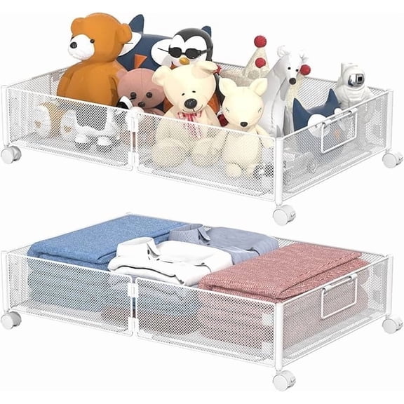 Under Bed Storage Containers, Under Bed Storage with Wheels, Shoe Organizer Under Bed with Handles, Tool-free Assembly Underbed Storage for Clothes, Shoes, Blankets, Toy Storage, White, 2Pack