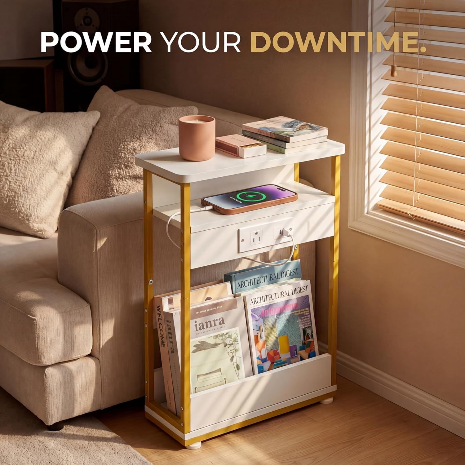 Narrow Side Table with Charging Station, 3 Tier Slim End Table with Storage Shelf for Small Spaces, 21.6 Inch Height Thin Tables Small Nightstand Magazine Rack for Living Room, White+Gold