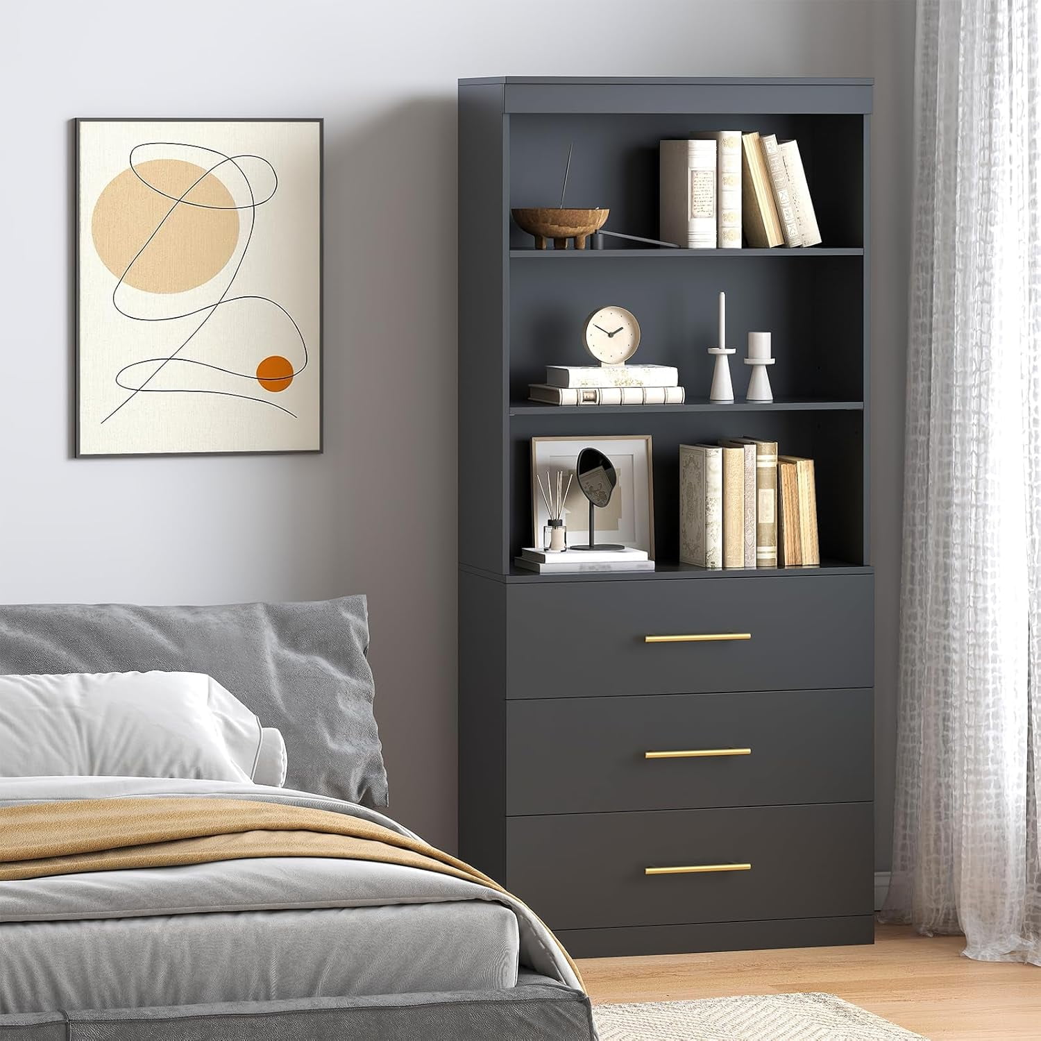 Winkalon 71" H Black Bookshelf with Drawers, Bookshelf and Bookcase with 3-Tier Open Shelves, Tall Bookcase Tall Storage Cabinet for Home Office