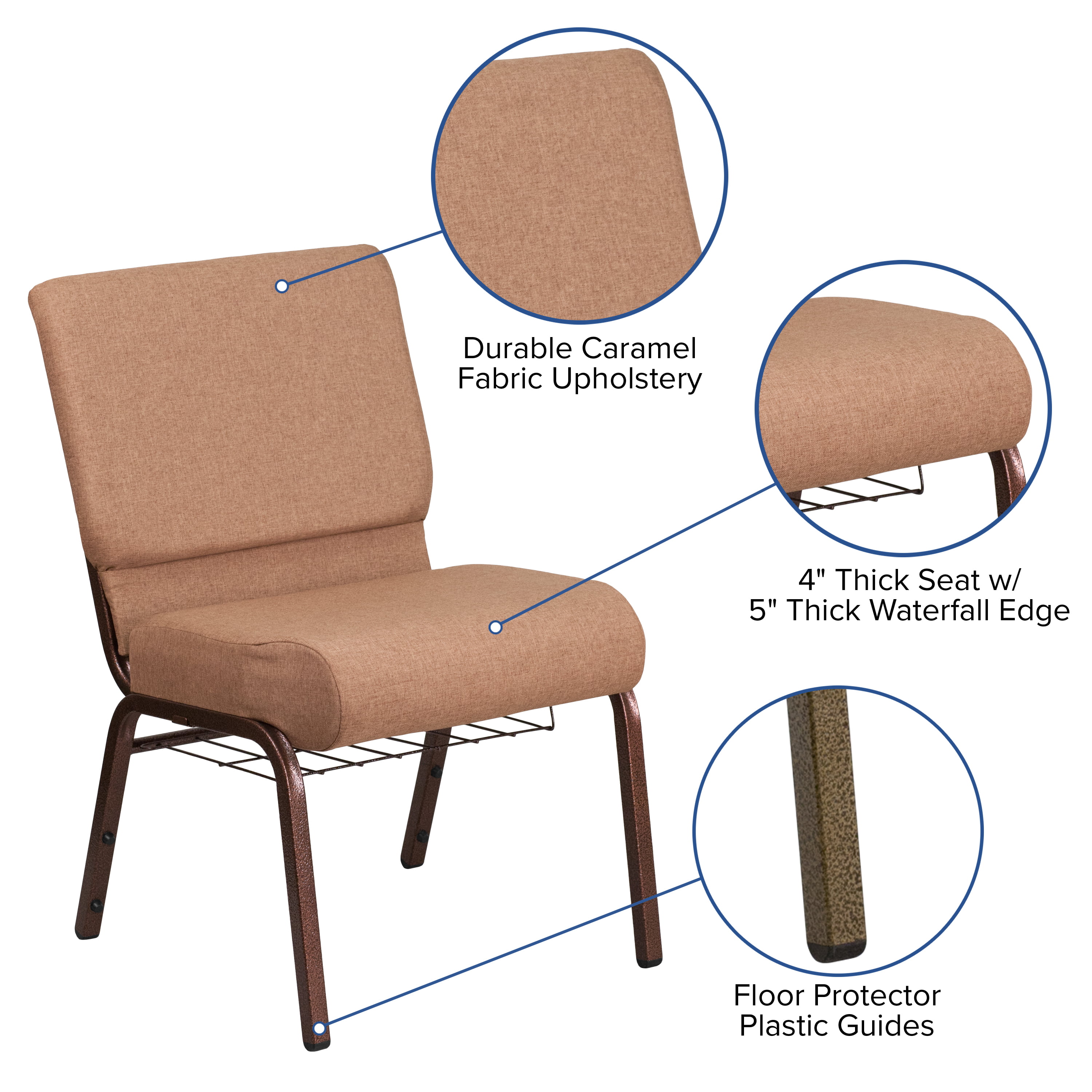Flash Furniture HERCULES Series 21''W Church Chair in Caramel Fabric with Cup Book Rack - Copper Vein Frame - image 4 of 11