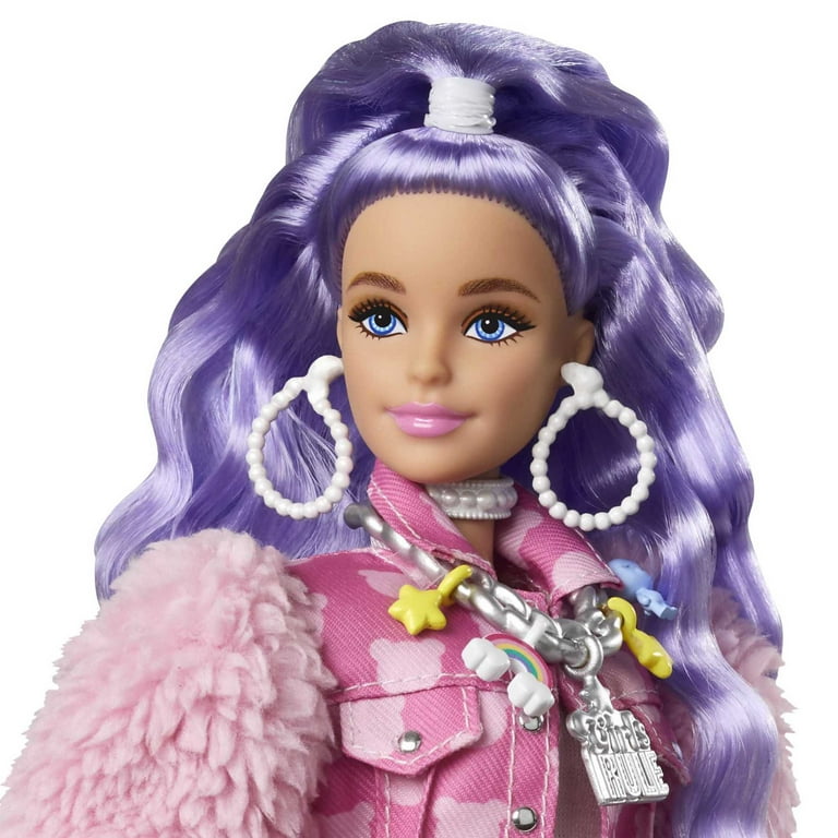 Barbie Extra Fashion Doll with Periwinkle Hair in Denim Jacket Shorts with Accessories Pet