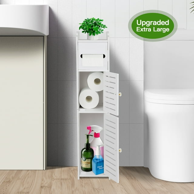 PHANCIR Porta Papel Higiénico con Portarollos, Mueble de Almacenamiento para Baño Junto Al Inodoro para Espacios Pequeños, Mega Rollos de Tienda, Blanco
