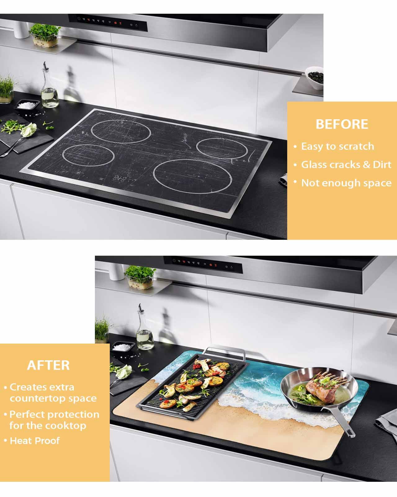 nqOlkjepod Large Induction Cooktop Protector Mat 36"x21", Teal Ocean Waves Stove Top Covers for Electric Stove, Summer Beach Coastal Nautical Stove Burner Cover Mats, Glass Top Stove Cover