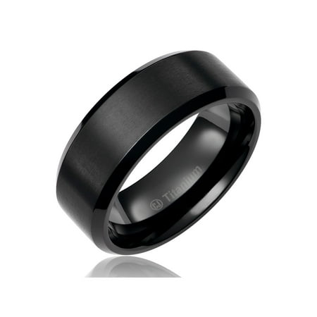 Mens Wedding Band in Titanium 8MM Promise Engagement Ring Black Plated Brushed Top and Polished Edges