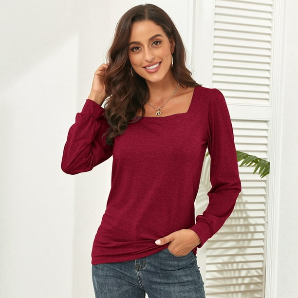 Blusa de manga abombada para mujer estilo informal manga larga color puro blusa de moda para oficina en casa color burdeos S