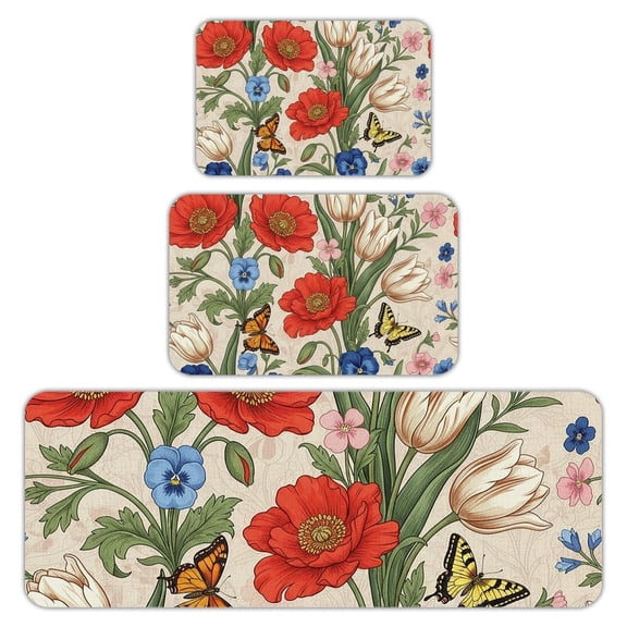 RKSupls Kitchen Rug Set 3 Piece Anti-Slip Flannel Floor Mats, Flower Butterfly Washable Absorbent Runner Mats for Kitchen Bathroom Home Decor