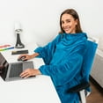 thumbnail image 4 of PAVILIA Teal Blue Fleece Wearable Blanket with Sleeves for Adults Women Men, Soft Warm Full Body Wrap Throw, Sweatshirt Pocket, Cozy Pullover Robe Blanket with Arm, Gifts for Christmas Mom Wife, 4 of 9