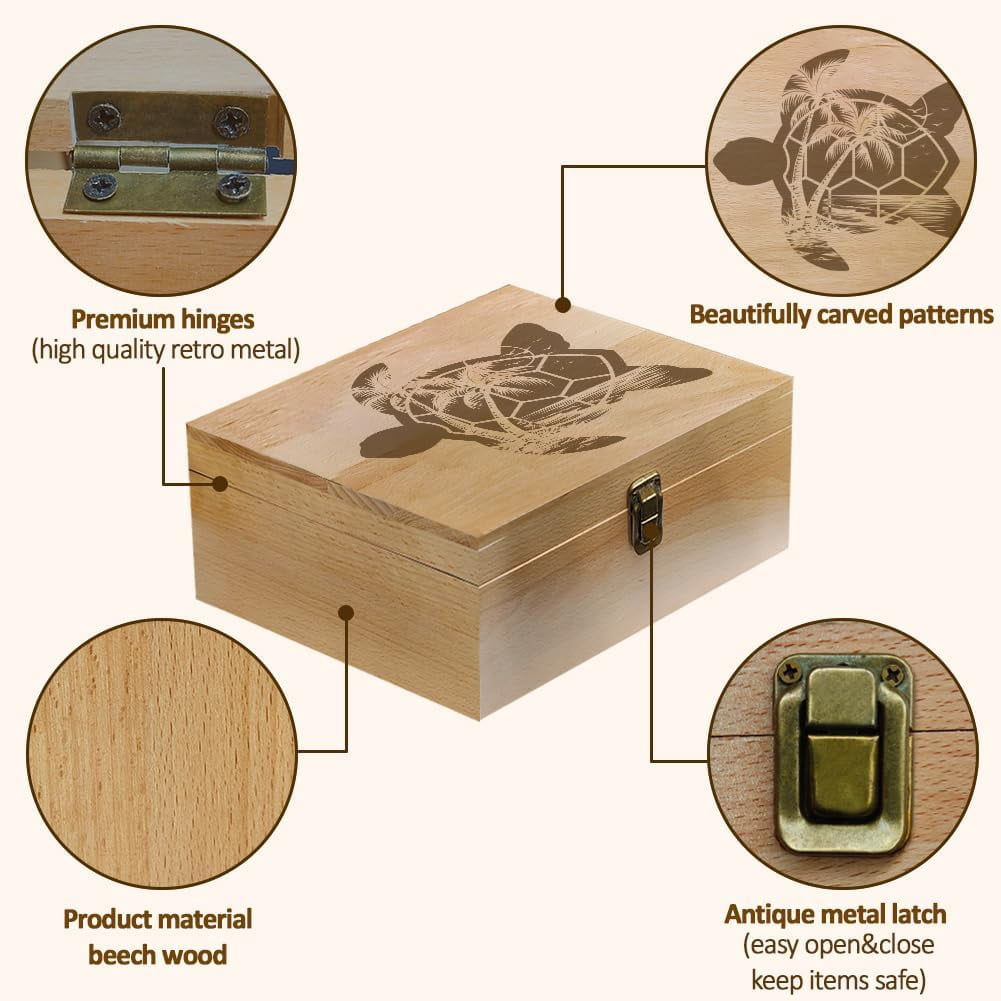 Brown 1 Pc Wooden Memory Keepsake Box Sea Turtle Memory Box with Hinged Lids Summer Beach Animals Theme Keepsake Chest for Anniversary Wedding Souvenirs Picture Letter Storage 9.6x7.6x4inch