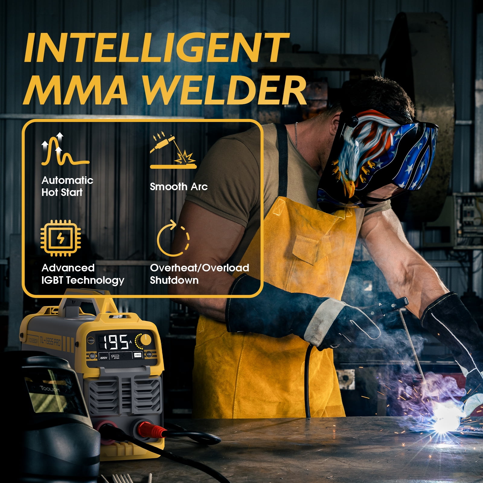 TOOLIOM 195A 110/220V Stick Welder ARC Welding Machine DC Inverter Welder Dual Voltage MMA Welder Digital Display