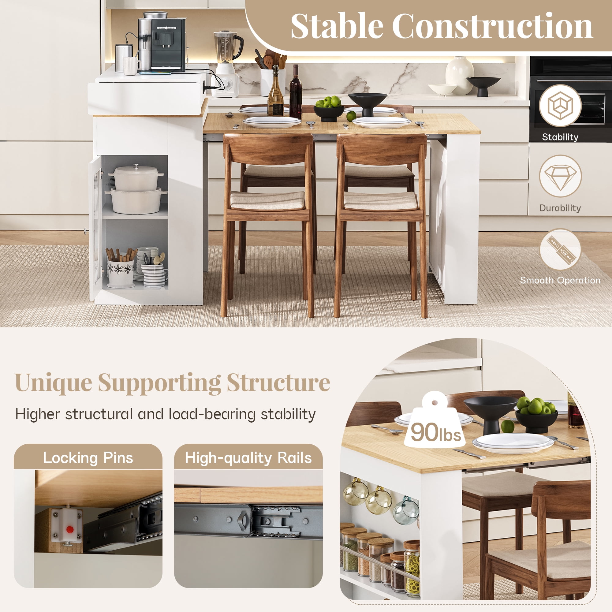 MODERNLUXE Extendable Dining Table with Folding Tabletop, Kitchen Island with Wheels,Hooks,Drawers and Power Outlet, Bar Table with Storage for Kitchen, Dining Room,White