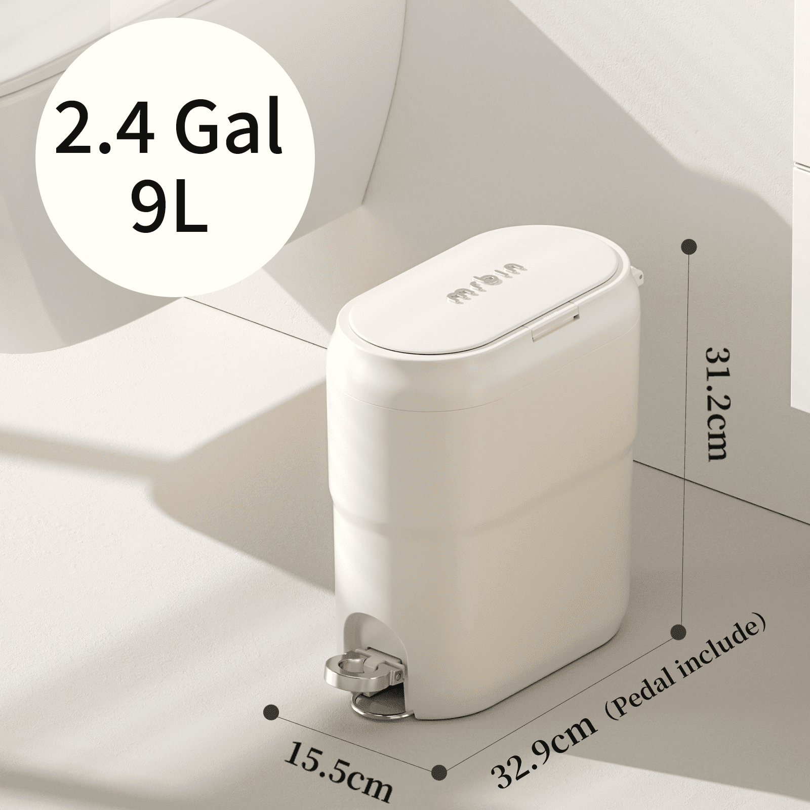 MRBIN Step Trash Can with Press Top Lid Slim, Compact Touchless Garbage Bin for Bathroom, 9L / 2.4 Gal Small Pedal Waste Basket for Narrow Apartment Dorm Office, Kitchen, Bedroom, Cream White