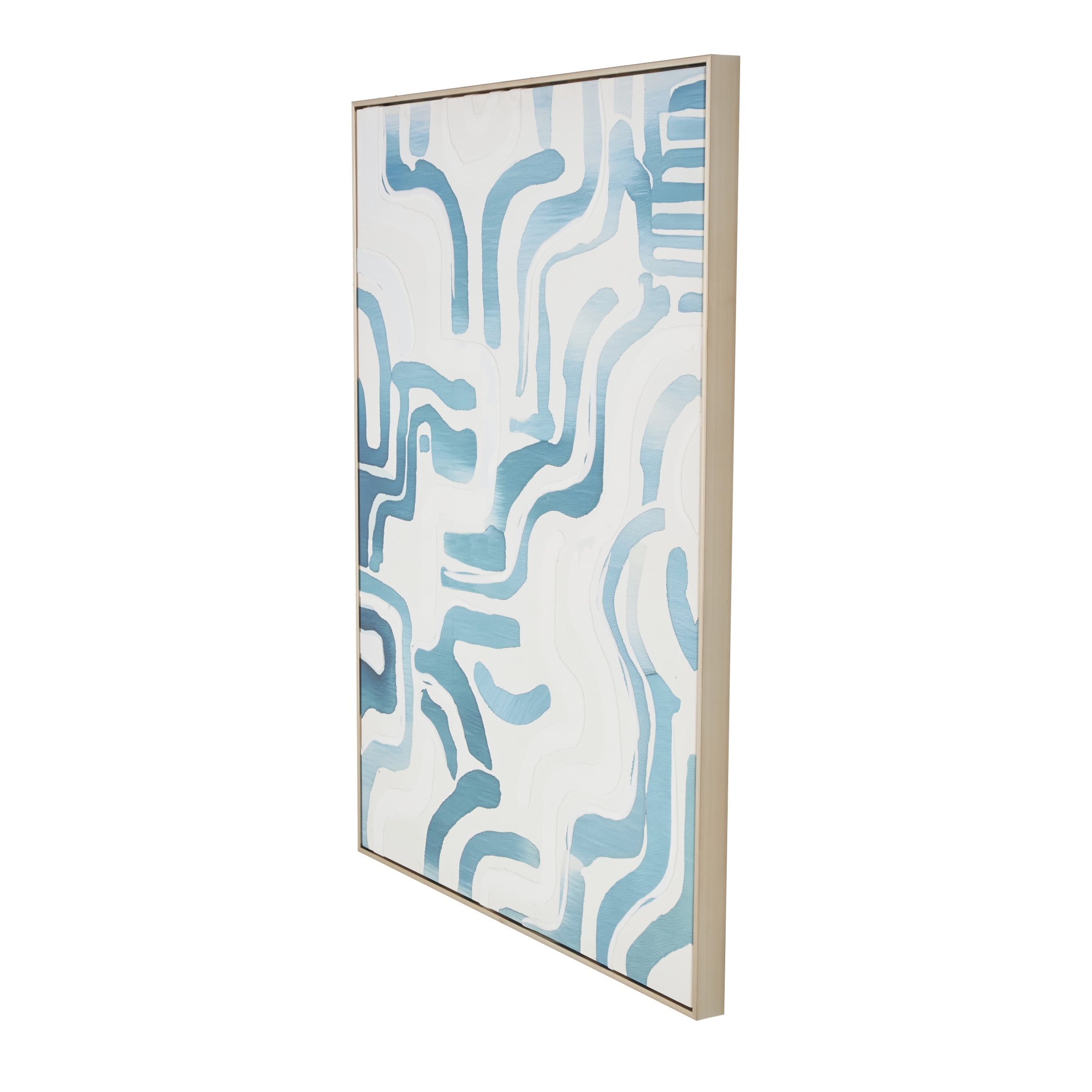 30" x 40" Abstract Framed Wall Art with Blue Wavy Lines and Brass Frame, by DecMode
