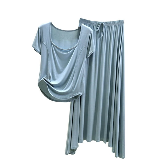 ZyeKqe Skirt Sets for Women 2 Piece Square Neck Short Sleeve Top High Waisted Midi Skirts Soft Pjs Sets Loungewear Homewear