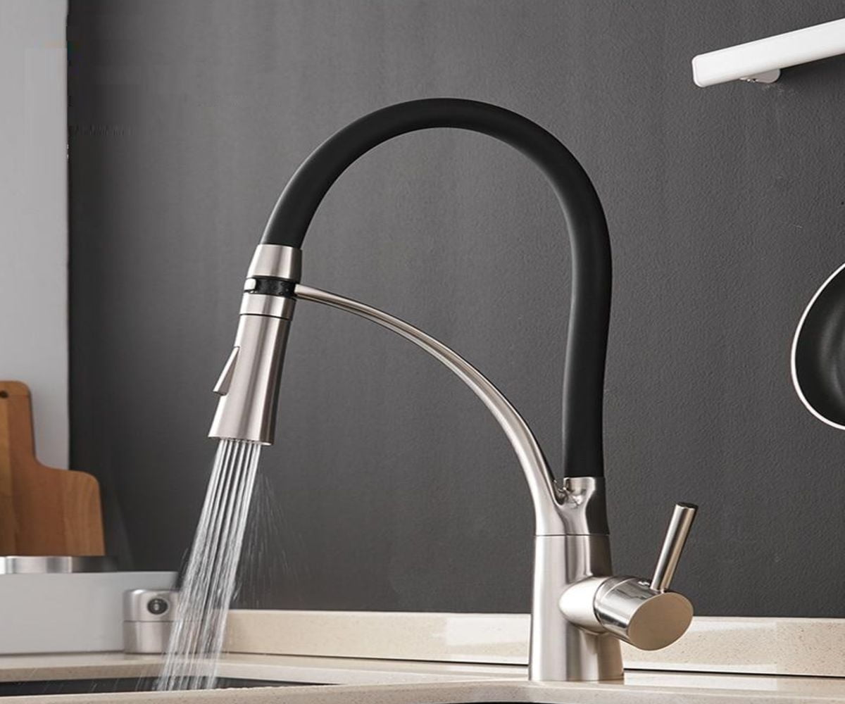 DROP Bath and Kitchen DR091020 Robinet d'évier de cuisine monotrou en laiton avec forme ronde en couleur Chrome/Noir