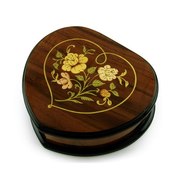Exclusive 30 Note Wood Tone Heart Shaped Floral Inlay Music Jewelry Box - Beauty and the Beast