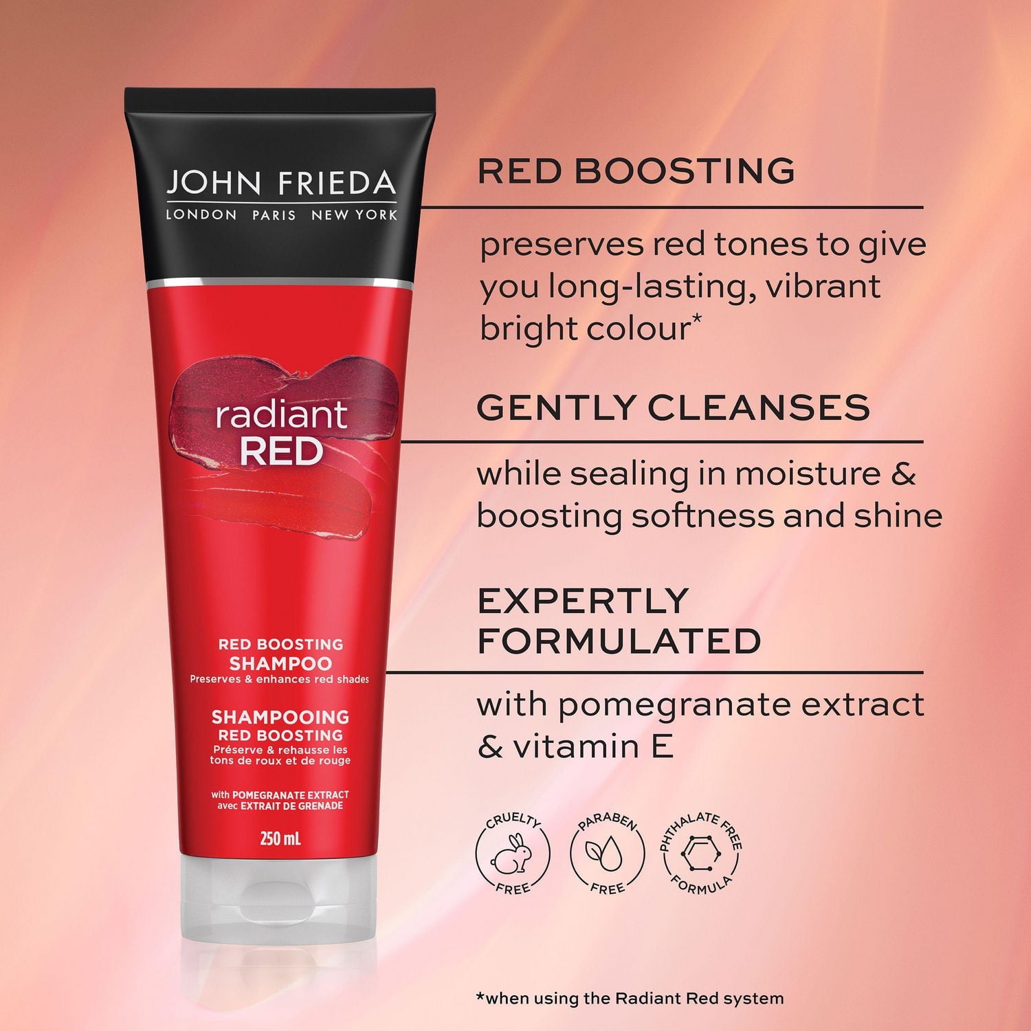 John Frieda Radiant Red Red Boosting Shampoo for Preserving and Protecting Red Hair, Paraben-Free | 250 mL