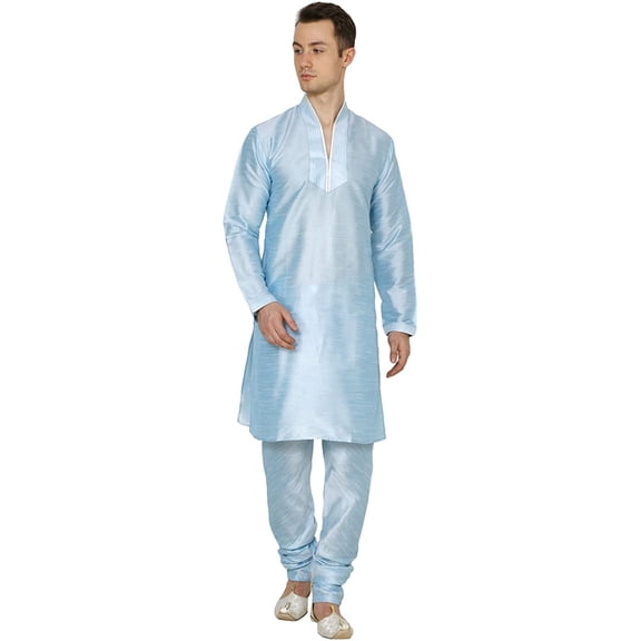 Royal Kurta Mens Cotton Silk Hineck Traditional Kurta Churidar Sky