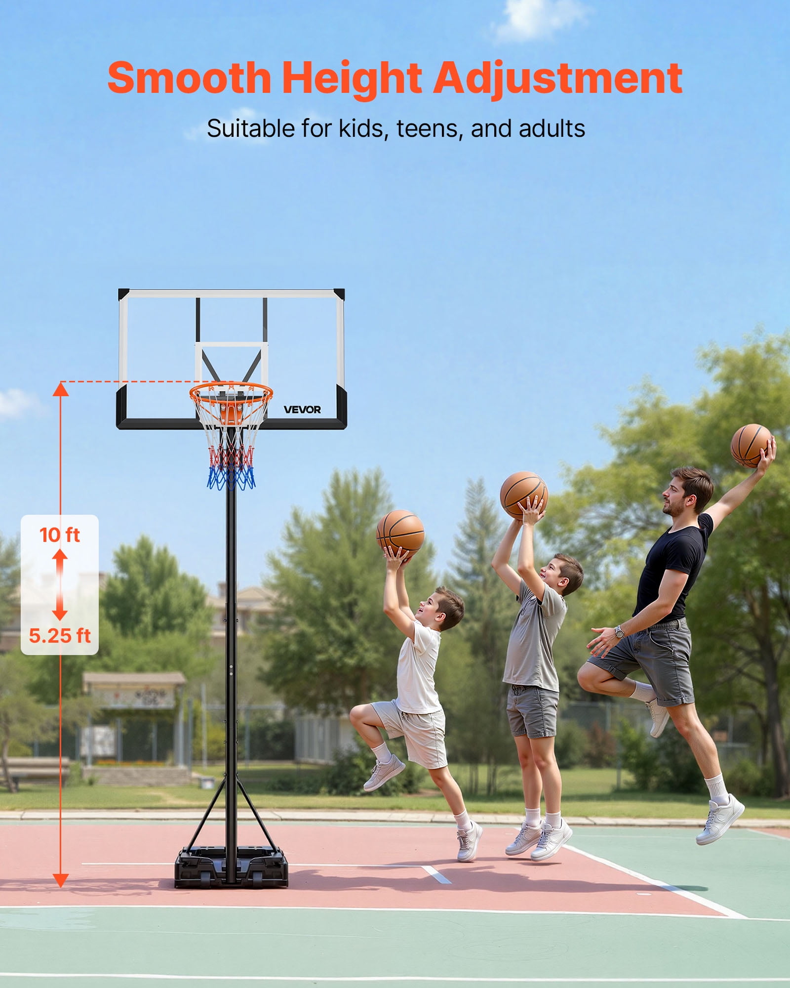 VEVOR Portable Basketball Stand, 5.25 to 10 ft Height Adjustment Basketball Hoop & Goal, Portable Basketballs Hoop with 44 inch PC Backboard & Wheels for Kids, Teens, Adults in Driveways, Pools