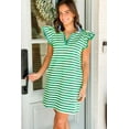 thumbnail image 3 of Women's Green Stripe Print Contrast Collar Split Neck Flutter Sleeve Short Dress | [ZhiHiMeRi] | (US 16-18)XL, 3 of 12